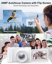 Load image into Gallery viewer, 4K Digital Camera for Photography and Video, Autofocus Anti-Shake 48MP Vlogging Camera for YouTube, 3&#39;&#39; 180°Flip Screen Camera with Flash 16X Zoom, Digital Camera with 32GB Card Battery Charger White
