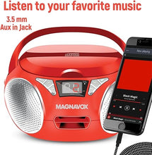 Load image into Gallery viewer, Magnavox MD6924 Portable Top Loading CD Boombox with AM/FM Stereo Radio in Black | CD-R/CD-RW Compatible | LED Display | AUX Port Supported | Programmable CD Player | (Red)
