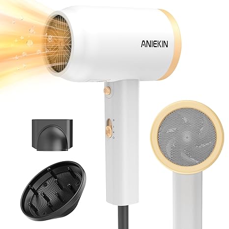 ANIEKIN Hair Dryer, 1875W Ionic Blow Dryer with Diffuser and Concentrator for Women Curly Hair Fast Drying as Constant Temperature,Portable Hair Dryer for Travel,White