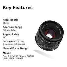 Load image into Gallery viewer, 7artisans 35mm F1.4 Mark II APS-C Manual Focus Fixed Lens Large Aperture Compatible with Olympus and Panasonic MFT M4/3 Mount Cameras_7915
