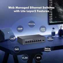 Load image into Gallery viewer, 8 Port 2.5G Managed Switch, 8 x 2.5Gbps Base-T Ports and 10G SFP+ Slot, Support LACP/QOS/VLAN/IGMP, Mini Metal Fanless 2.5Gb YuLinca Easy Web Switch, Black_943
