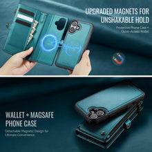 Load image into Gallery viewer, Defencase for iPhone 17 Magnetic Wallet Case Compatible with Magsafe with RFID Blocking Zipper Pocket &amp; Card Holder for Women Men PU Leather Strap Detachable Case for iPhone 17 (6.3 inch), Blue Green
