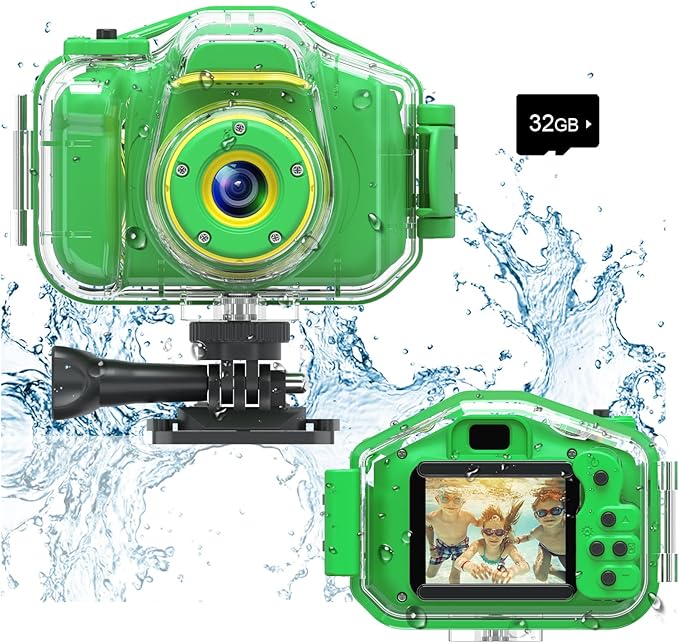 Agoigo Kids Waterproof Camera Toys for 3-12 Year Old Boys Girls Christmas Birthday Gifts HD Children's Digital Action Camera Child Underwater Sports Camera 2Inch Screen with 32GB Card (Green)