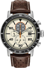 Load image into Gallery viewer, Citizen Men's Eco-Drive Weekender Brycen Chronograph Watch in Stainless Steel, Brown Leather strap, Ivory Dial (Model: CA0649-06X)
