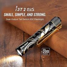 Load image into Gallery viewer, OLIGHT I3T 2 EOS Pocket EDC Flashlight, 200 Lumens Bright Handheld Flashlight, Dual Output Tail Switch Light with AAA Batteries and Two-Way Clip for Camping and Hiking (Dragon Phoenix Gold Black)
