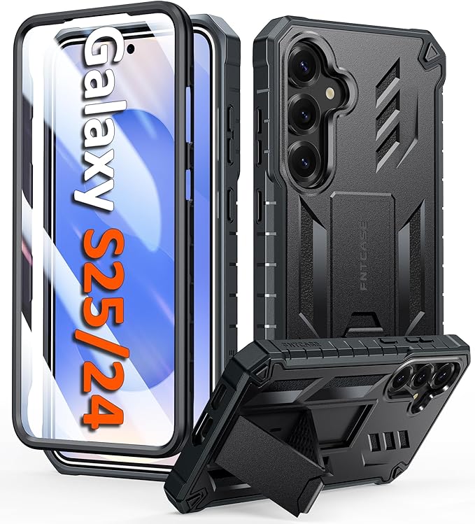 FNTCASE for Samsung Galaxy S25 Case: for Galaxy S24 Case Military Grade DropProof Protection Cover with Kickstand | Matte Textured Rugged Shockproof TPU | Protective Sturdy Phone Case - 6.2 inch Black