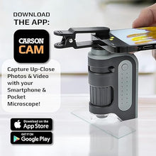 Load image into Gallery viewer, Carson MicroBrite Microscope Kit, 60x-120x LED Pocket Microscope for Adults or STEM Education, Pro Includes Adapter with CarsonCam Phone App Converts into Powerful Handheld Digital Microscope (MM-350)
