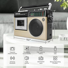 Load image into Gallery viewer, Retro Boombox Cassette Player AM FM SW Radio, Cassette Recorder with Built-in Microphone, Wireless Streaming, USB Port, Headphone Jack,AC or Battery Powered (Gold)
