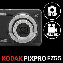 Load image into Gallery viewer, KODAK PIXPRO FZ55-BK 16MP CMOS Sensor Digital Camera 5X Optical Zoom 28mm Wide Angle 1080P Full HD Video 2.7&quot; LCD Vlogging Camera (Black)
