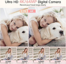 Load image into Gallery viewer, Digital Camera UHD 4K Vlogging Camera Photography Autofocus, 64MP 18X Digital Zoom Digital Camera 32GB Card, Anti-Shake Compact Point Shoot Camera Teens Adult Beginner Boy Girl, Pink
