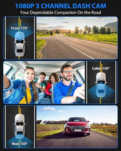 Load image into Gallery viewer, Dash Cam, 3 Channel Dash Cam, 1080P Dash Cam Front and Inside, Triple Dash Cam, Dash Camera with 32GB Card, HDR, G-Sensor, 24Hr Parking, Front Rear Dash Cam Loop Recording
