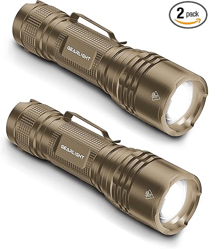 GearLight TAC LED Flashlight Pack - 2 Super Bright, Compact Tactical Flashlights with High Lumens for Outdoor Activity & Emergency Use - Gifts for Men & Women - Desert Tan