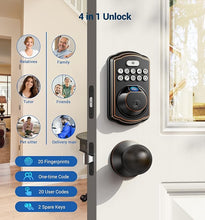 Load image into Gallery viewer, Veise Fingerprint Door Lock with 2 Door Knobs - Keyless Entry Door Lock with Handle, Electronic Keypad Deadbolt, Smart Front Door Lock Set, Auto Lock, Waterproof, Easy Installation, Oil-Rubbed Bronze
