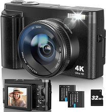 Load image into Gallery viewer, 4K Digital Camera for Photography and Video, Autofocus 48MP Vlogging Camera 180° Flip Screen for Selfie and Vlog 16X Zoom Compact Digital Camera with Flash, 32GB Card, 2 Batteries
