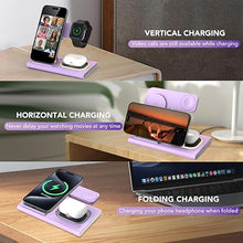 Load image into Gallery viewer, 3 in 1 Foldable Charging Station for Apple Products,Fast Wireless Charger Travel Dock Adapter&amp;Light for iPhone 16/15/14/13/12/11/X/XS,for iWatch 10/9/8/7/Ultra2/Ultra,for AirPods 4/3/2/Pro/2(Purple)
