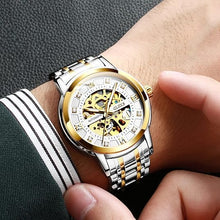 Load image into Gallery viewer, OLEVS Men’s Gold Skeleton Watch Automatic Mechanical self Winding Luxury Dress Stainless Steel Waterproof Luminous Wrist Watches

