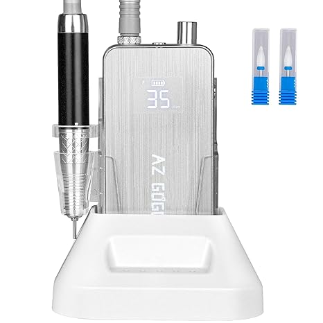 2-in-1 Professional Brushless Nail Drill, AZ GOGO 80W Cordless Electric Nail File 35000RPM Rechargeable Portable Nail Drill Machine for Gel/Acrylic Nails 80W Salon Level (Silver)
