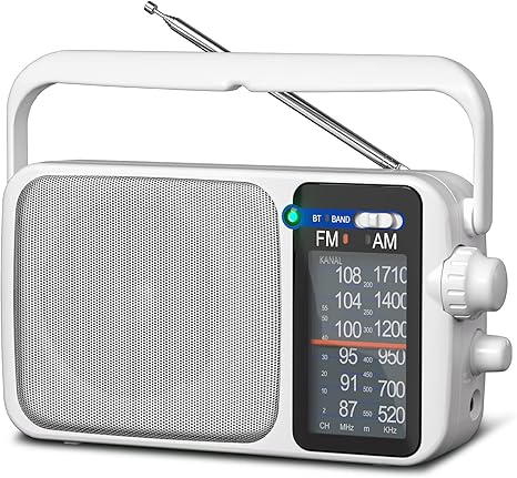 AM FM Radio with Best Reception,Bluetooth Portable AM FM Transistor Radio,Battery Operated Radio or AC Power,Large Dial,Headphone Jack, Gifts for Seniors Elderly White