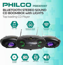 Load image into Gallery viewer, Philco Portable Bluetooth Boombox CD Player with AM FM Radio and USB Playback | Fun Lights |Stereo Sound | CD Player is Compatible with MP3/WMA/CD-R/CD-RW CDs | 3.5mm Aux Input | AC/Battery Powered
