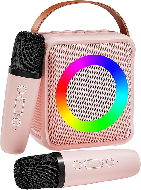 Mini Karaoke Machine for Kids Adults, Portable Bluetooth Speaker with 2 Wireless Microphones, Microphone Speaker Set with LED Disco Lights for Home Party, Birthday Gifts for Girls Boys Kid(Pink)