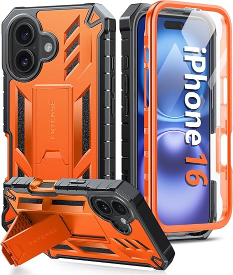 FNTCASE for iPhone 16 Phone Case: for iPhone 16 case with Kickstand Shockproof Military Grade Protective Cover - Dual Layer Full Protection Sturdy Matte Textured Drop Proof - 6.1 Inch Orange