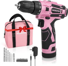 Load image into Gallery viewer, WORKPRO Pink Cordless Drill Driver Set, 12V Electric Screwdriver Driver Tool Kit, 3/8" Keyless Chuck, Charger and Storage Bag Included - Pink Ribbon
