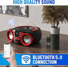 Load image into Gallery viewer, Pyle Portable CD Player Bluetooth Boombox Speaker - AM/FM Stereo Radio &amp; Audio Sound, Supports CD-R-RW/MP3/WMA, USB, AUX, Headphone, LED Display, AC/Battery Powered, Red Black - PHCD22.5
