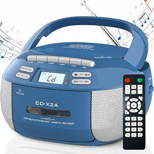 Load image into Gallery viewer, Greadio Boombox CD Player Cassette Player Combo, Boom Box Portable CD Players for Home with Bluetooth, Support AM FM Radio/Remote Control/AUX/USB/Earphone, AC/Battery Operated, LCD Display (Blue)
