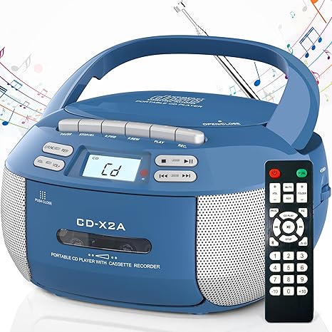 Greadio Boombox CD Player Cassette Player Combo, Boom Box Portable CD Players for Home with Bluetooth, Support AM FM Radio/Remote Control/AUX/USB/Earphone, AC/Battery Operated, LCD Display (Blue)