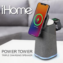 Load image into Gallery viewer, iHome Wireless Charger with Apple Watch Charger, Airpods Charger, Bluetooth Speaker, and Color Changing Night Light – Dark Grey (iPBT70DG)
