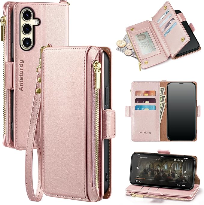 Antsturdy Compatible with Samsung Galaxy S25 Plus Wallet Case with Card Holder,PU Leather Phone Case Flip Protective Cover RFID Blocking Wrist Strap Credit Card Slots Kickstand Men Women,Rose Gold