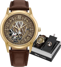 Load image into Gallery viewer, Citizen Eco-Drive Special Edition Disney 100 Mickey Mouse Fan Fare Gold Stainless Watch and Pin Box Set, Brown Leather Strap (Model: AW1783-43W)
