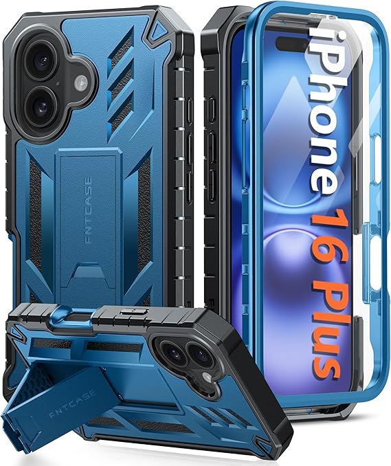 FNTCASE for iPhone 16 Plus Case: Military Grade Drop Proof Protection Mobile Cover with Kickstand | Matte Textured Rugged Shockproof TPU | Protective Sturdy Phone Case - 6.7 inch Blue