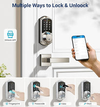 Load image into Gallery viewer, Veise Fingerprint Smart Locks for Front Door with 2 Lever Handle Set, App Control, Keyless Entry, Electronic Digital Keypad Deadbolt, Auto Lock, Waterproof, Easy to Install, Satin Nickel
