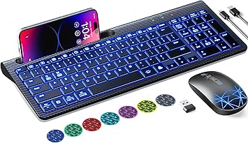 Wireless Keyboard and Mouse, Rechargeable, Adjustable 7 Color Backlight, Ergonomic, Quiet, with Phone Holder, 2.4G Stable Connection Slim Mac Keyboard and Mouse