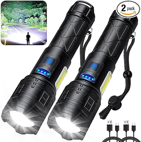 Rechargeable LED Flashlights High Lumens 2 Pack, 900000 Lumen Super Bright Flashlight with USB Cable, 7 Modes Powerful Flashlight Waterproof Flash Light for Home Emergencies Camping