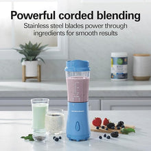 Load image into Gallery viewer, Hamilton Beach Portable Blender for Shakes and Smoothies with 14 Oz BPA Free Travel Cup and Lid, Durable Stainless Steel Blades for Powerful Blending Performance, Tranquil Blue (51172)
