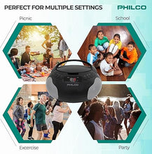 Load image into Gallery viewer, Philco Portable CD Player Boombox with Speakers and AM FM Radio | Black Boom Box Compatible with CD-R/CD-RW and Audio CD | 3.5mm Aux Input | Stereo Sound | LED Display | AC/Battery Powered
