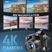 Load image into Gallery viewer, Digital Camera, 4k&amp;64MP Cameras for Photography, Video Camera, 40X Zoom Vlogging Camera for YouTube with Flash, WiFi &amp; HDMI Output, 32GB SD Card(Black)
