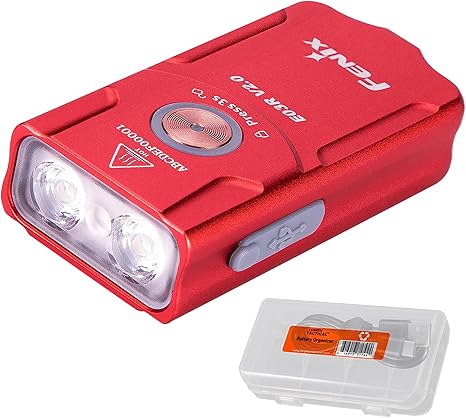 Fenix E03R v2.0 Keychain Flashlight Premium Pack, Rose Red, 500 Lumen Bright USB-C Rechargeable EDC with Red LED and Lumentac Organizer