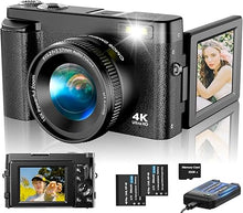 Load image into Gallery viewer, 4K Digital Camera for Photography Autofocus, Upgraded 48MP Vlogging Camera for YouTube with SD Card, 3&quot; 180 Flip Screen Compact Travel Camera with 16X Digital Zoom, Flash, Anti-Shake, 2 Batteries
