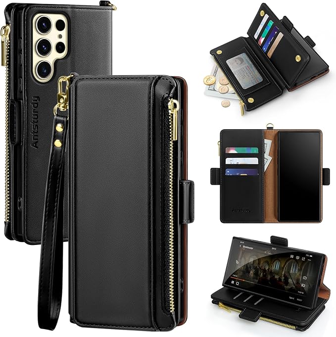 Antsturdy Compatible with Samsung Galaxy S25 Ultra Wallet Case with Card Holder,PU Leather Phone Case Flip Protective Cover RFID Blocking Wrist Strap Credit Card Slots Kickstand Men Women,Black