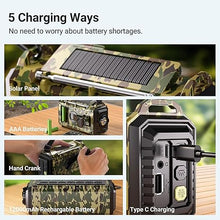 Load image into Gallery viewer, Emergency Radio 12000, Auto Digital Weather Radio Portable AM FM SW NOAA, Battery Operated Rechargeable Solar Hand Crank Radio with Flashlight, Cell Phone Charger, SOS, Type C Adapter
