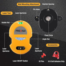 Load image into Gallery viewer, PREXISO Multi Surface Laser Level LED Light Vial, 30Ft Horizontal &amp; Vertical Line Laser with Wall Mount Base, 2 Pins, 10 Sticker, 2 AA Batteries for Hanging Frames &amp; Picture, Construction Wall Writing
