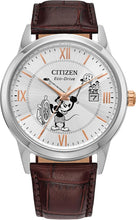 Load image into Gallery viewer, Citizen Eco-Drive Disney Steamboat Willie Mickey Mouse Stainless Steel Case Watch, Brown Leather Strap (Model: AW1788-07W)
