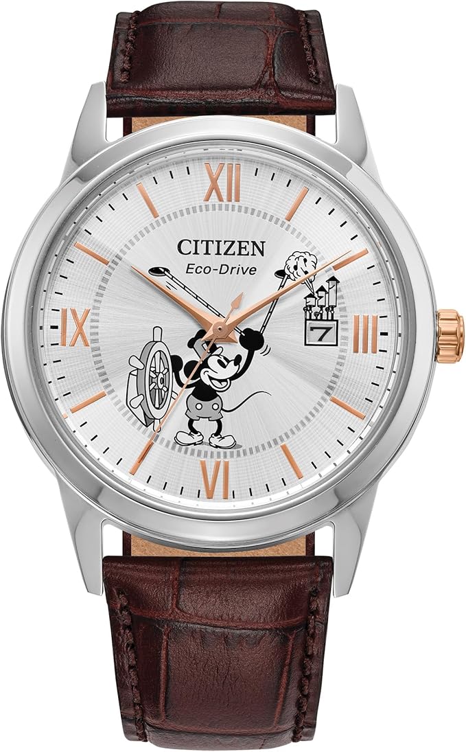 Citizen Eco-Drive Disney Steamboat Willie Mickey Mouse Stainless Steel Case Watch, Brown Leather Strap (Model: AW1788-07W)