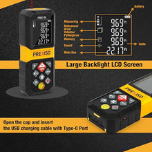 Load image into Gallery viewer, PREXISO Laser Measure, 265Ft Rechargeable Laser Distance Meter with Multi-Measurement Units M/in/Ft, Backlit LCD 4 Line Display, and Pythagorean, Distance, Area, Volume Modes
