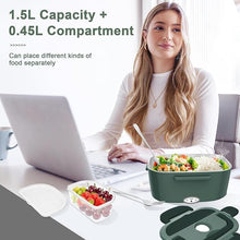 Load image into Gallery viewer, Electric Heated Lunch Boxes Adults: 80W Electric Lunch Box Food Heated 12/24/110V 1.5L Heatable Lunch Box for Car/Truck/Office Leak-Proof Stainless Steel Container, Fork &amp; Spoon, Bag (Dark Green)
