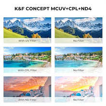 Load image into Gallery viewer, K&amp;F Concept 67mm UV/CPL/ND Lens Filter Kit (3 Pieces)-18 Multi-Layer Coatings, UV Filter + Polarizer Filter + Neutral Density Filter (ND4) + Cleaning Cloth+ Filter Pouch for Camera Lens (K-Series)
