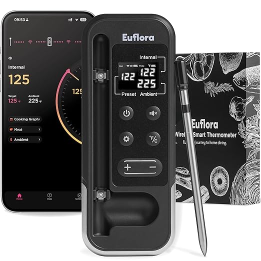 Wireless Meat Thermometer with Digital Meat Probe, Measures Internal & Ambient Temp, 800FT Bluetooth Meat Thermometer with Host Control for Barbecue, Outdoor Grilling, Oven & Smoker (Carbon Black)